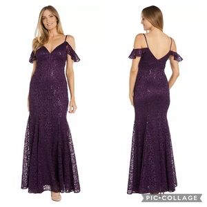 R & M Richards Sequins Lace Cold Shoulder Mermaid Gown Plum Purple‎ 12